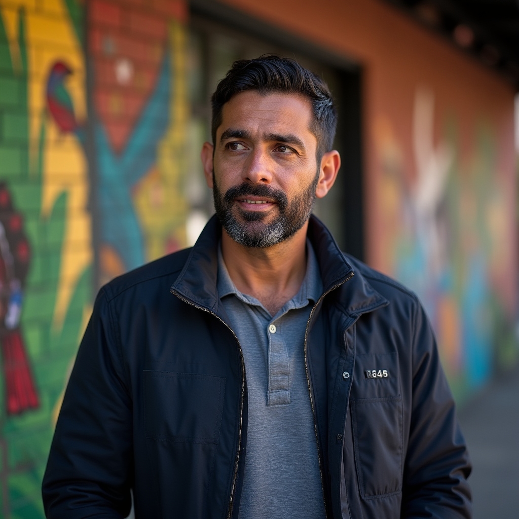 A male tour guide in his early 40s of Latino heritage standing outside a Puerto Rican restaurant in North Philadelphia, wearing a casual jacket