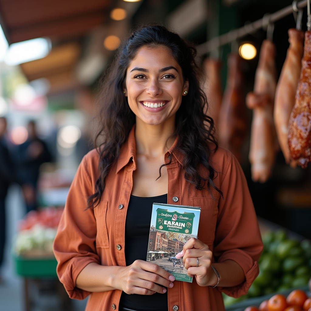 A female tour guide in her 30s with dark hair standing in front of a South Philadelphia Italian market, smiling warmly