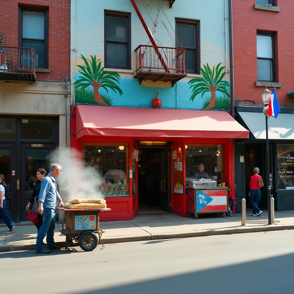 A colorful North Philadelphia street with Caribbean flags in windows, a food vendor with a steaming cart, and vibrant murals on brick walls
