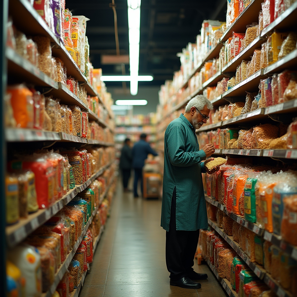A Northeast Philadelphia South Asian grocery store interior with shelves of spices, lentils, and specialty imports, warm overhead lighting, and a customer browsing