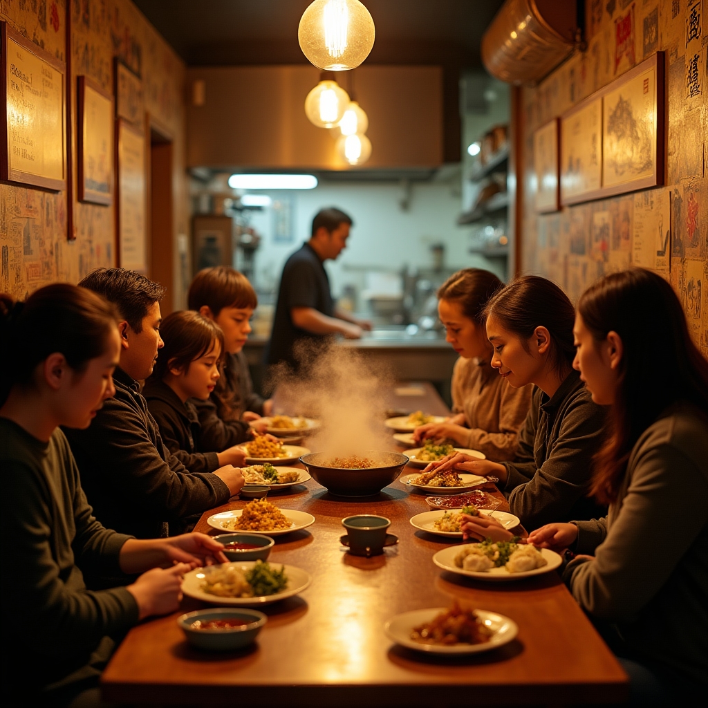 Interior of a small immigrant-owned restaurant with warm lighting, handwritten menu on a chalkboard, and a tour group seated at a communal table