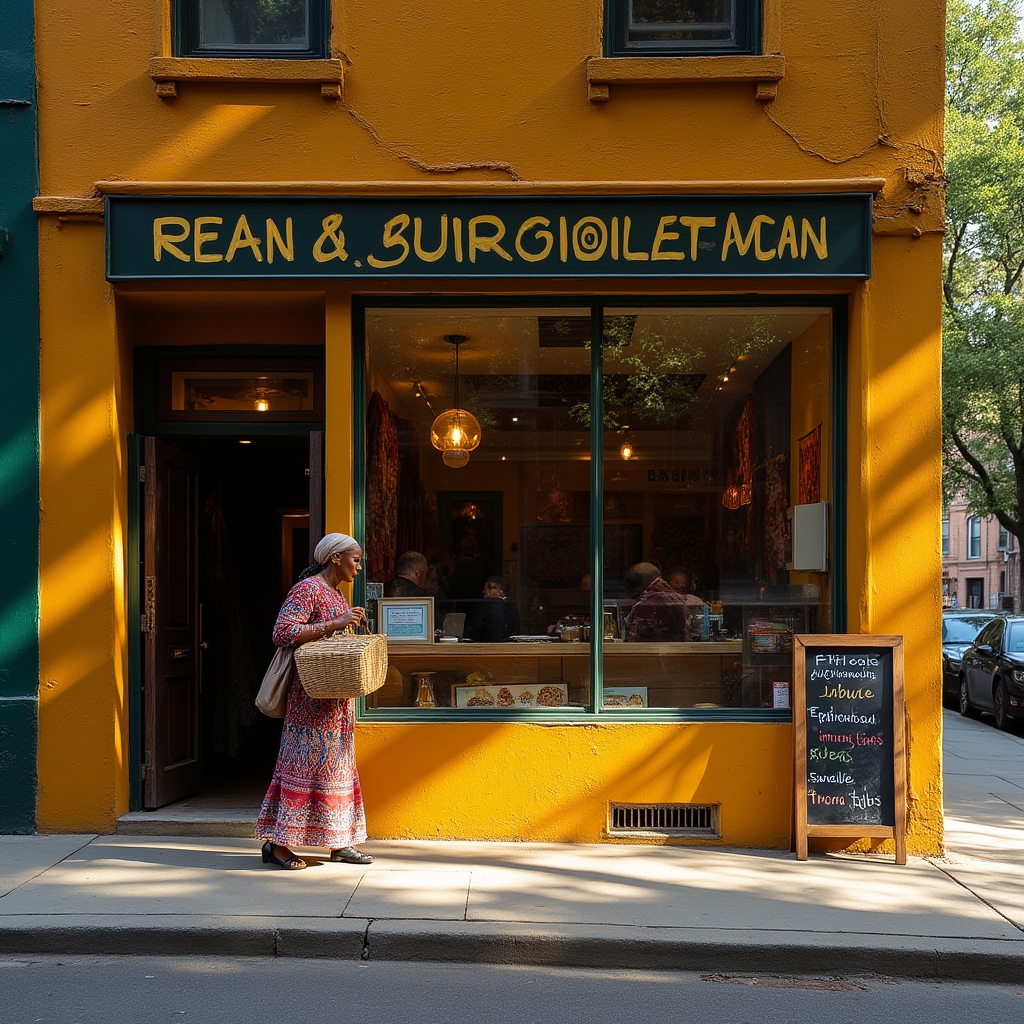The exterior of a West Philadelphia West African restaurant with hand-painted signage, bright colors, and a chalkboard menu visible through the window